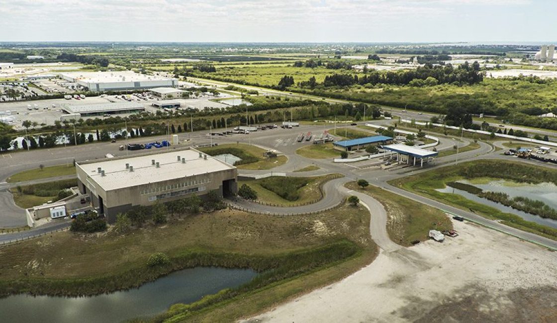An aerial view of a large industrial area.