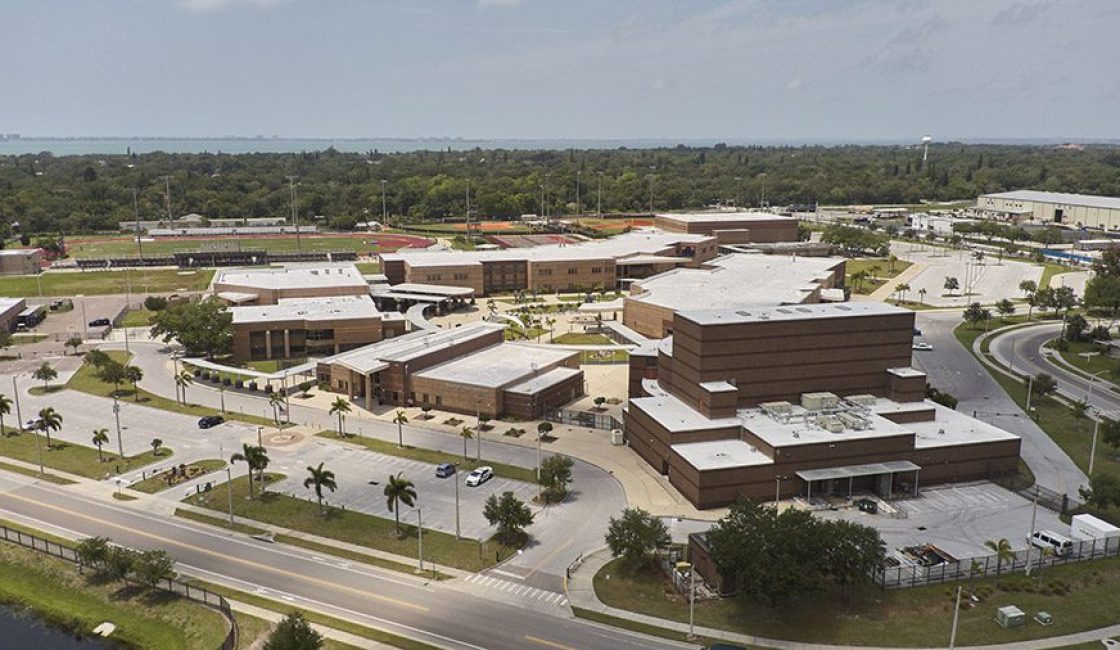 An aerial view of a large school campus.