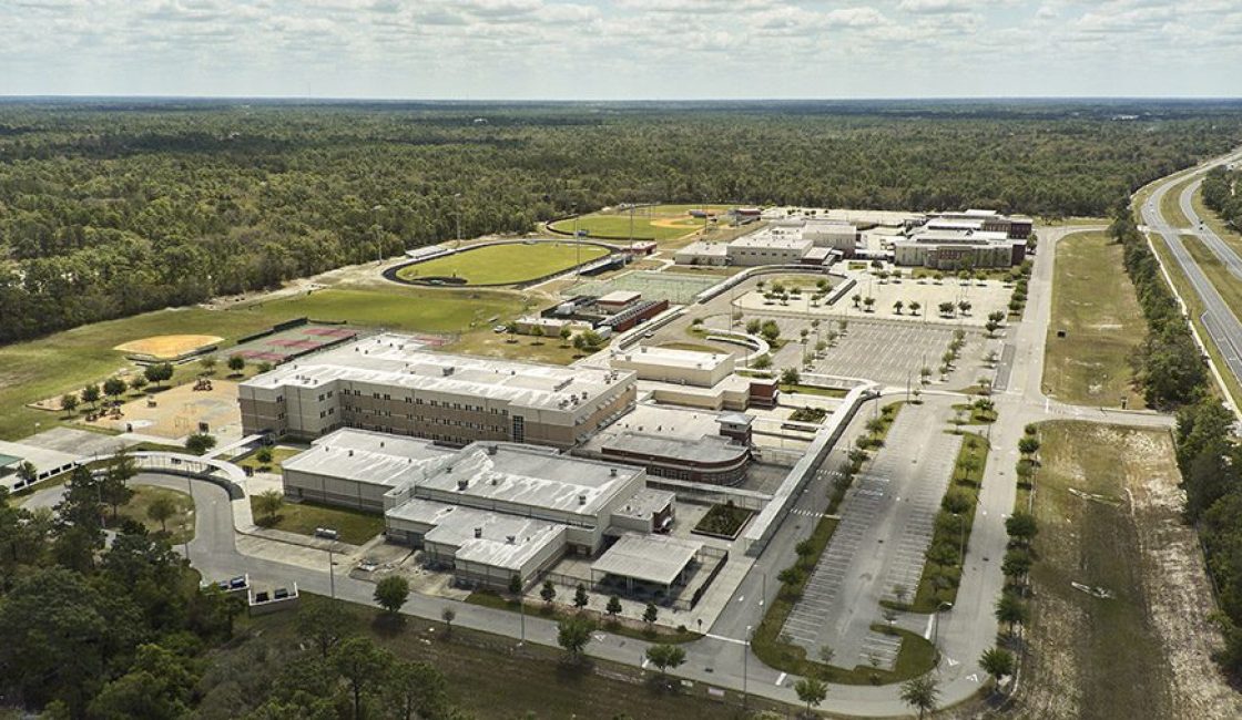 An aerial view of a large industrial area.