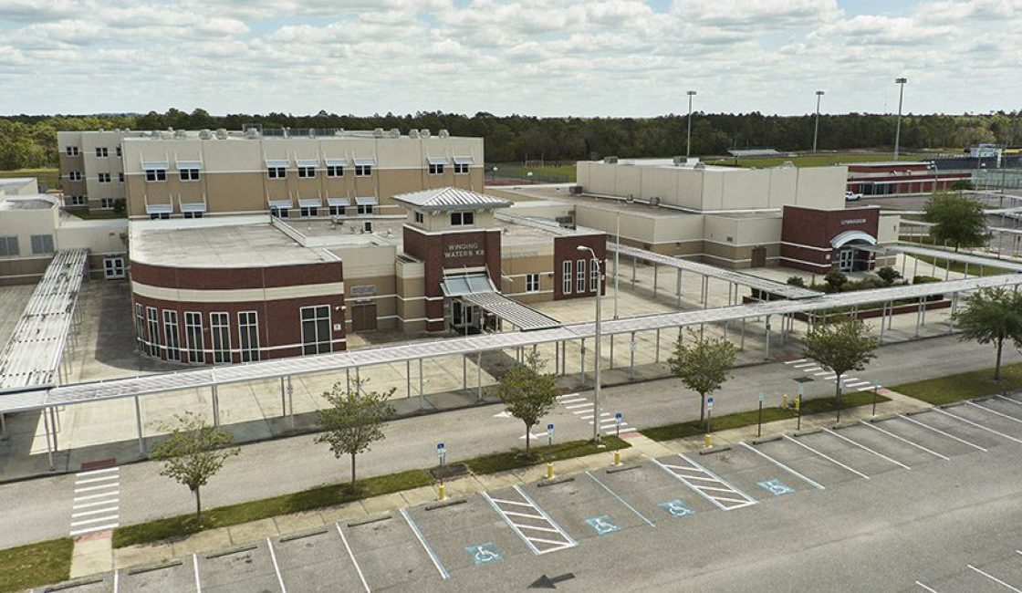 A large building with many trees in the middle of it