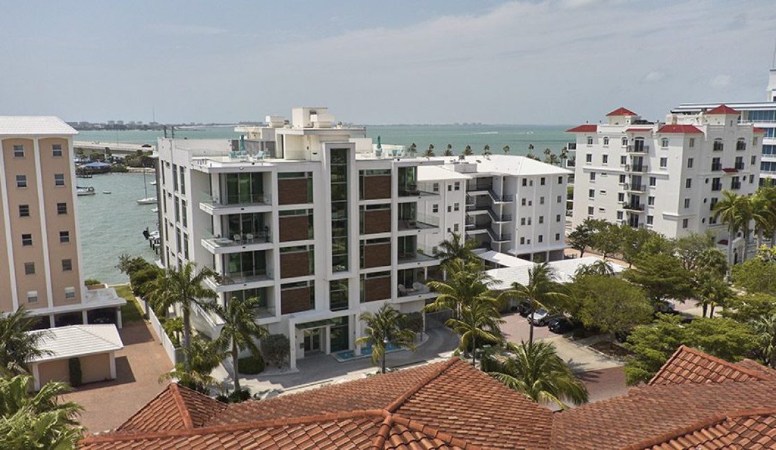 A view of the ocean from above shows palm trees and buildings.
