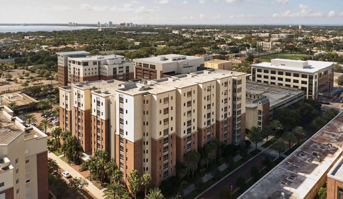A view of an apartment complex from above.