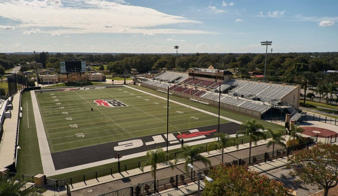 A view of an empty football field from above.