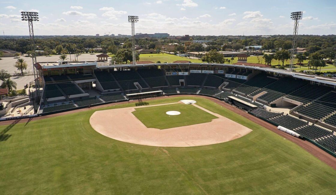 A baseball field with the base ball diamond in view.